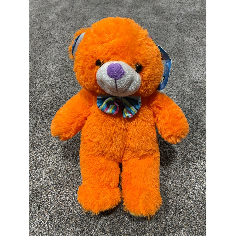Kellytoy Sugar Loaf Orange Teddy Bear Plush Purple Nose Striped Bow‎ Tie